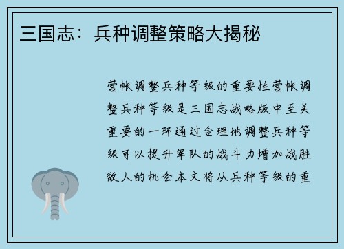 三国志：兵种调整策略大揭秘