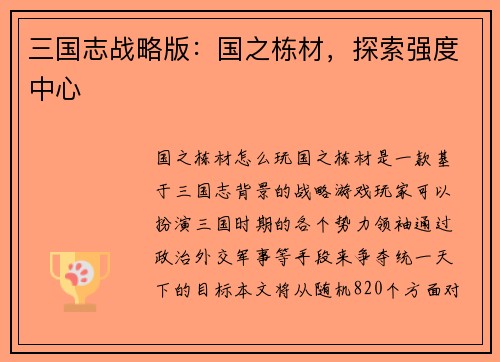 三国志战略版：国之栋材，探索强度中心